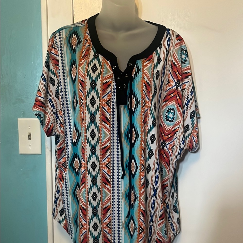 New Direction Aztec Print Orange and Blue Tunic